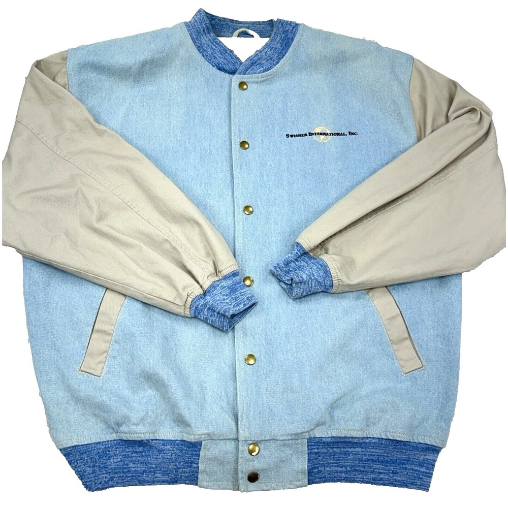 Vintage Denim Jacket Men Large Blue Tan Varsity‎ Letterman Bomber 90s Y2K Work